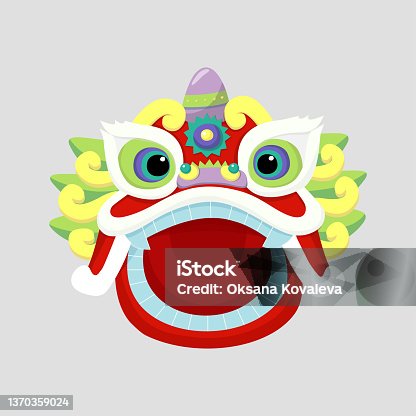 istock Cartoon collection with dance lion mask set for celebration decoration design. Isolated vector illustration. Happy chinese new year. Celebrate party graphic 1370359024