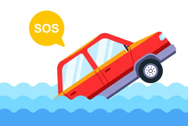 Vector illustration of The car has fallen into the river and is sinking