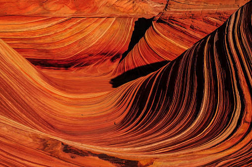 Sunrise on The Wave sandstone formation, Coyote Buttes North, Vermilion Cliffs National Monument, Arizona, USA