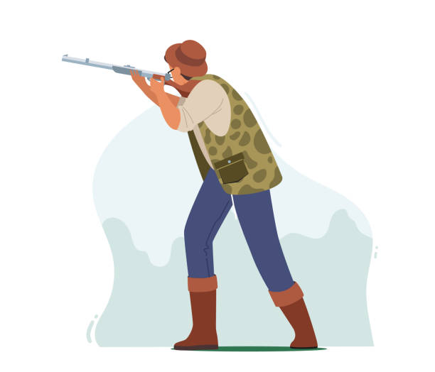 ハンター男性キャラクターは、鳥や動物の武器で狙う迷彩ベストと帽子を着用します。ライフルで男のシュート, 狩猟 - pheasant hunter点のイラスト素材／クリップアート素材／マンガ素材／アイコン素材