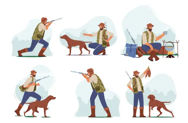 Vector illustration of Set of Hunters, Man Shoot with Rifle, Relax in Camp, Run with Dog Hunting, Summertime Hobby, Sport or Outdoor Activity