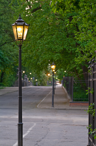 with the XIX eternal street gaslights - evening view.
