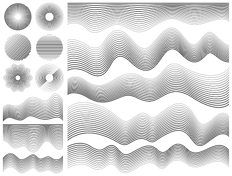 Set of vector design elements with lines. Monochrome geometric shapes, striped design elements.