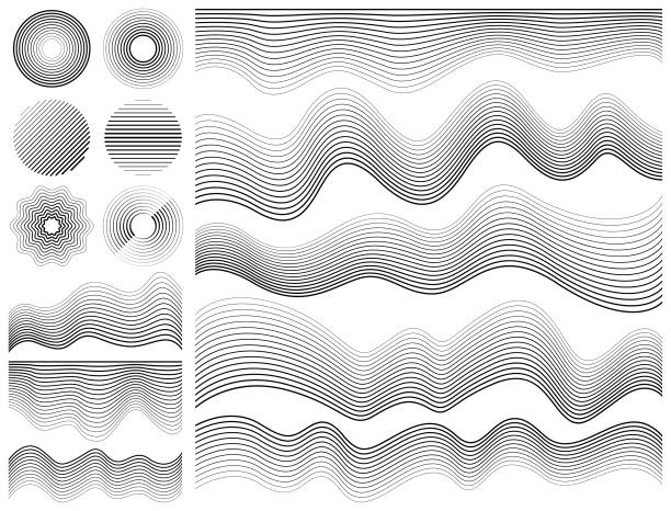 Vector design elements with lines Set of vector design elements with lines. Monochrome geometric shapes, striped design elements. ribbon flow stock illustrations