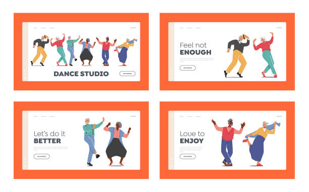 Senior Men and Women Dancing Landing Page Template Set. Happy Old Characters Couple Active Sparetime, Hobby Club, Fun Senior Men and Women Dancing Landing Page Template Set. Happy Old Characters Couple Active Sparetime, Hobby Club Recreation. Grandfather Dancer Fell Freedom. Cartoon People Vector Illustration old people dancing stock illustrations