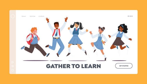 Happy Kids in School Uniform with Backpacks Jumping Landing Page Template. Schoolboys and Schoolgirls Laughing Happy Kids in School Uniform with Backpacks Jumping Landing Page Template. Schoolboys and Schoolgirls Characters Laughing, Waving Hands Greeting Educational Year. Cartoon People Vector Illustration schoolgirl uniform stock illustrations