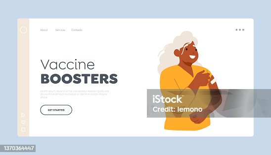 istock Vaccine Boosters Landing Page Template. Positive Senior Character with Patch on Shoulder. Vaccinated People Immunization 1370364447