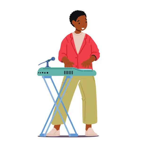 Vector illustration of African Boy Playing on Synthesizer with Microphone, Artist Perform Composition on Electric Piano, Prepare for Exam