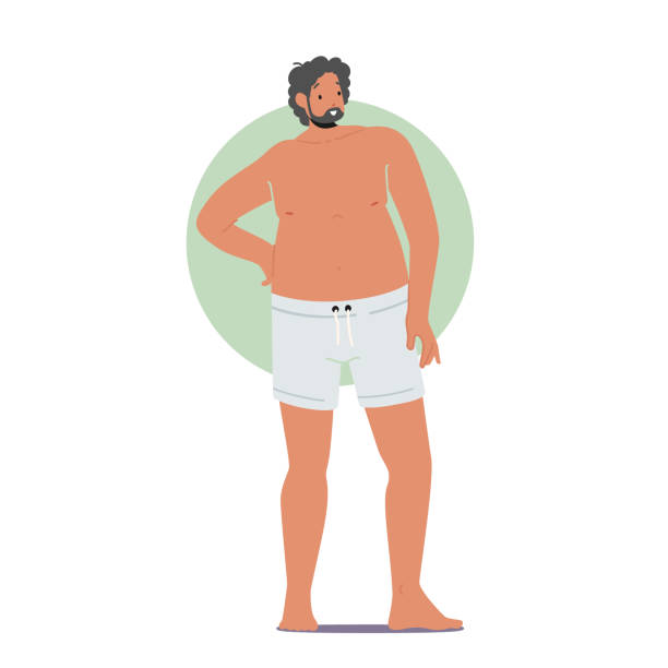 illustrazioni stock, clip art, cartoni animati e icone di tendenza di uomo con forma rotonda del corpo stand con braccio akimbo, personaggio maschile tipo di figura di mela con pancia grande e glutei in posa - male men body fashion model