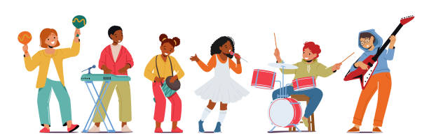 illustrations, cliparts, dessins animés et icônes de petits artistes talentueux jouant des maracas, synthétiseur, batterie et guitare électrique, filles et garçons jouent des instruments modernes - singing lesson