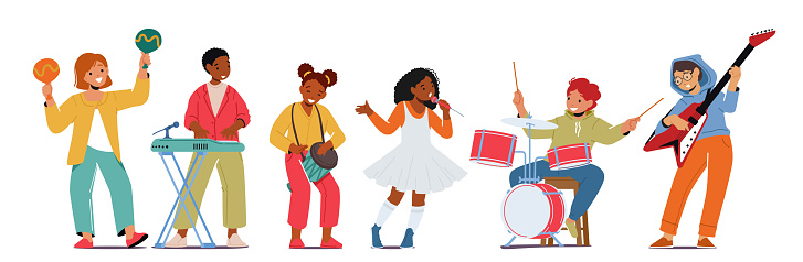 Talented Little Artists Playing Maracas, Synthesizer , Drums and Electric Guitar, Girls and Boys Playing Modern Instruments, Sing with Microphone, Music Concert, Kids Band. Cartoon Vector Illustration