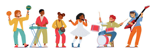 Talented Little Artists Playing Maracas, Synthesizer , Drums and Electric Guitar, Girls and Boys Play Modern Instruments Talented Little Artists Playing Maracas, Synthesizer , Drums and Electric Guitar, Girls and Boys Playing Modern Instruments, Sing with Microphone, Music Concert, Kids Band. Cartoon Vector Illustration making music stock illustrations