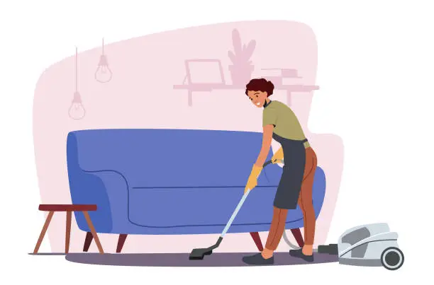 Vector illustration of Young Woman Doing Domestic Work, Cleaning Floor Carpet under Sofa with Vacuum Cleaner. Household Vacuuming Home Activity