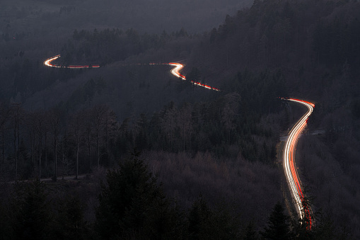 Light trails on a curvy road through the Black Forest