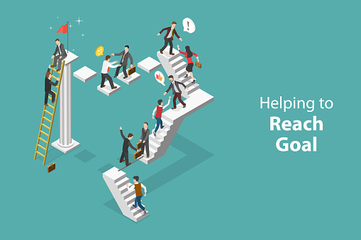 3D Isometric Flat Vector Conceptual Illustration of Helping To Reach Goal, Teamwork and Partnership
