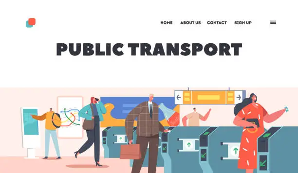 Vector illustration of Public Transport Landing Page Template. People Travel by Subway. Male and Female Characters Pass Through Turnstile