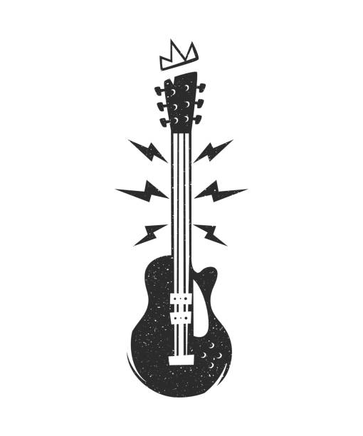 vintage czarno-biała stylizowana gitara elektryczna z sprayem klasyczny kształt z koroną izolowaną na białym tle. - chord stock illustrations