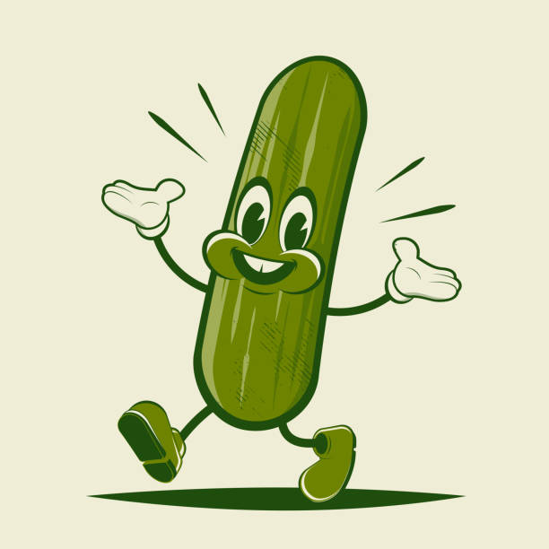 funny cartoon illustration of a happy cucumber in retro style vector art illustration