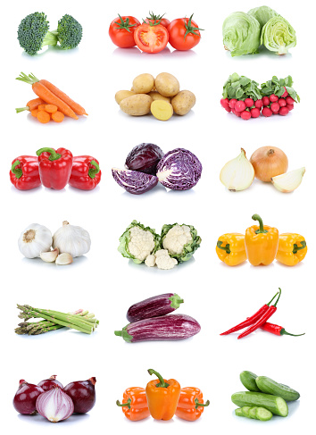 Bunch of different fresh vegetables isolated on white background.