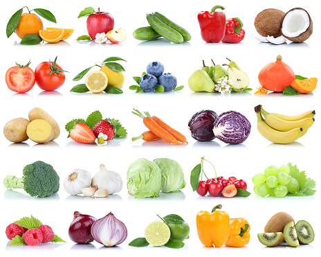 Fruits and vegetables collection isolated apple oranges onions tomatoes lettuce berries fruit on a white background