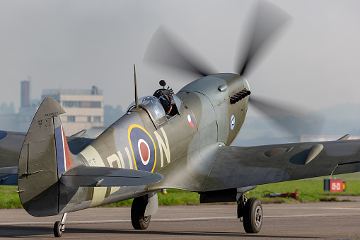 Payerne, Switzerland - September 6, 2014: Supermarine Spitfire Mk16e World War II fighter aircraft G-MXVI taxiing at Payerne Airport.