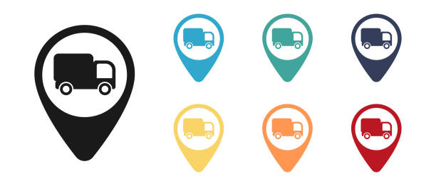 ilustrações de stock, clip art, desenhos animados e ícones de truck, vector icon set, label on the map. set of multicolored icons. illustration - delivery van