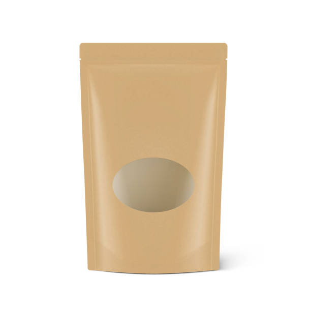 istock Kraft stand up bag with transparent window mockup on white background. 1370375796