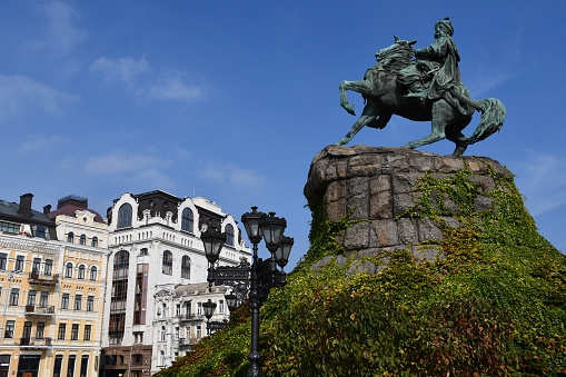 Kyiv, Ukraine - September 28, 2019: The 19th-century Bohdan Khmelnytsky Monument in Sofiyska Square (Sophia Square). Bohdan Khmelnytsky was the first Hetman of Zaporizhian Host.