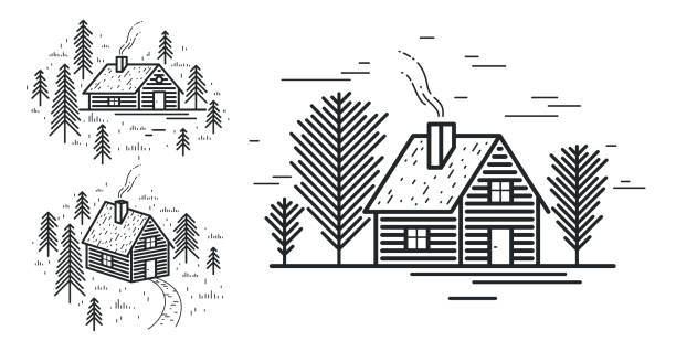 Cabin in woods pine forest linear vector nature illustration isolated on white, log cabin cottage for rest, holidays and vacations theme line art drawing, beauty in nature, woodhouse resort. Cabin in woods pine forest linear vector nature illustration isolated on white, log cabin cottage for rest, holidays and vacations theme line art drawing, beauty in nature, woodhouse resort. log cabin vector stock illustrations