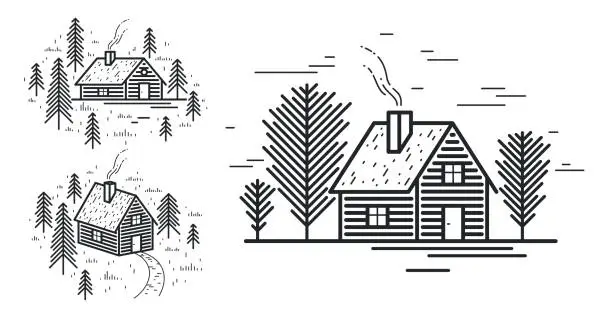 Vector illustration of Cabin in woods pine forest linear vector nature illustration isolated on white, log cabin cottage for rest, holidays and vacations theme line art drawing, beauty in nature, woodhouse resort.