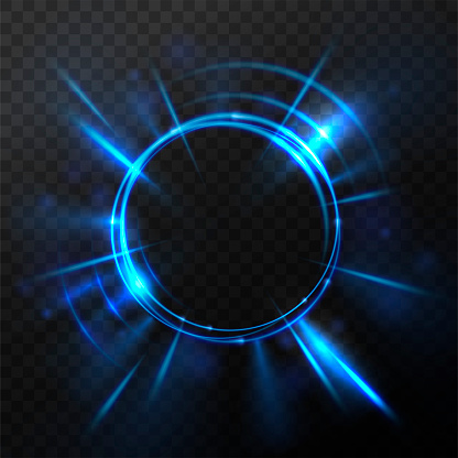 Bright blue flash. Explosion or blast wave. Rotating rings with shining rays. Vector illustration