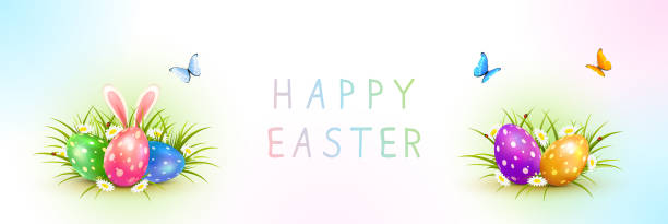 baner z kolorowymi pisankami i królikiem w trawie - easter egg easter egg hunt multi colored bright stock illustrations