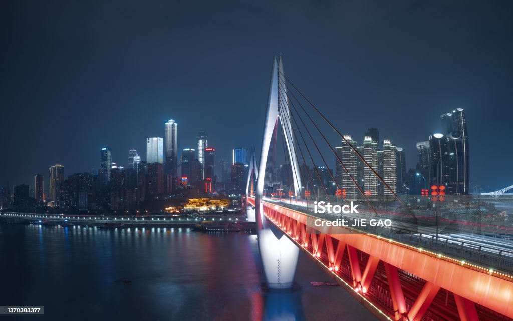 Night view of Chongqing riverside at night Bridge - Built Structure Stock Photo