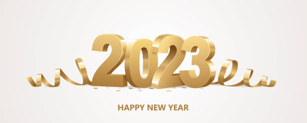 Happy New Year 2023 Happy New Year 2023. Golden 3D numbers with ribbons and confetti on a white background. 2023 stock illustrations