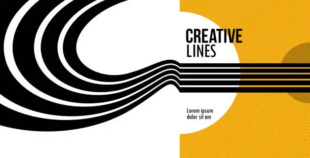 Vector illustration of 3D black and yellow lines in perspective abstract vector background, linear perspective illustration op art.