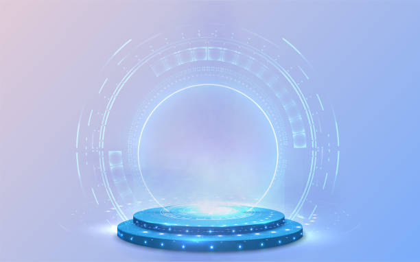 stockillustraties, clipart, cartoons en iconen met portal and hologram futuristic neon color circle elements. standard podium or studio futuristic pedestal round platform showroom. circle stage and blue neon light. science fiction 3d illustration. - bouwplatform