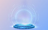 istock Portal and hologram futuristic Neon color circle elements. Standard podium or studio futuristic pedestal round platform showroom. Circle stage and blue neon light. Science fiction 3D illustration. 1370388617