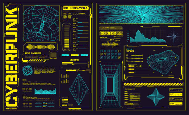 illustrations, cliparts, dessins animés et icônes de interface utilisateur holographique futuriste. interfaces science hud, cadres d’interface graphique et éléments de conception de régulateurs technologiques. glitch cyberpunk façonne le concept de futurisme rétro. vecteur stock - infographic data symbol sign