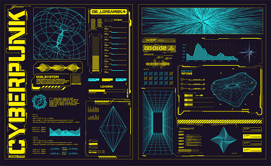 Abstract digital technology. Futuristic HUD, FUI, Virtual Interface. Glitch Cyberpunk shapes retro futurism concept. Vaporwave abstract elements for web banners, Futuristic info boxes layout templates