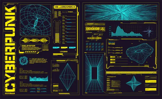 Vector illustration of Futuristic hologram ui. Science hud interfaces, graph interface frames and tech regulators design elements. Glitch Cyberpunk shapes retro futurism concept. Stock vector