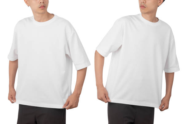 istock Young man in blank oversize t-shirt mockup front and back used as design template, isolated on white background with clipping path 1370390373