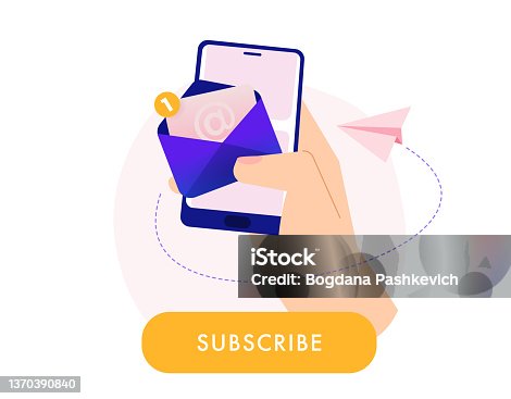 istock Newsletter subscription banner. Vector illustration for online marketing and business. Open envelope with letter coming out of smartphone screen. Smartphone in a hand. Flying Paper planes. Template for mailing and newsletter. 1370390840