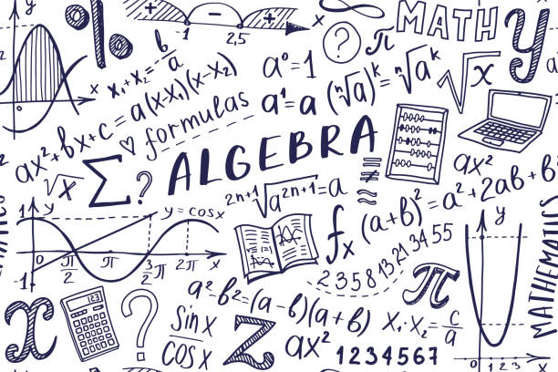 Maths symbols icon set. Algebra or mathematics subject doodle design. Education and study concept. Back to school background for notebook, not pad, sketchbook. Hand drawn illustration. Mathematics doodle seamless pattern. Back to school hand drawn background for notebook, not pad, sketchbook. Algebra or math subject design. Education and study concept. algebra stock illustrations