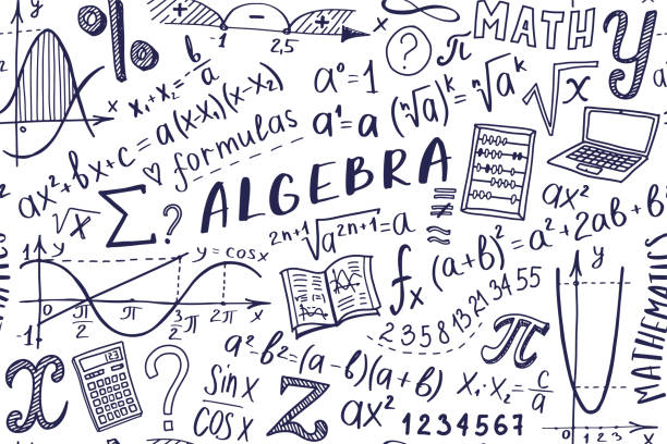 Maths symbols icon set. Algebra or mathematics subject doodle design. Education and study concept. Back to school background for notebook, not pad, sketchbook. Hand drawn illustration. Mathematics doodle seamless pattern. Back to school hand drawn background for notebook, not pad, sketchbook. Algebra or math subject design. Education and study concept. drawing of a advanced math formulas stock illustrations