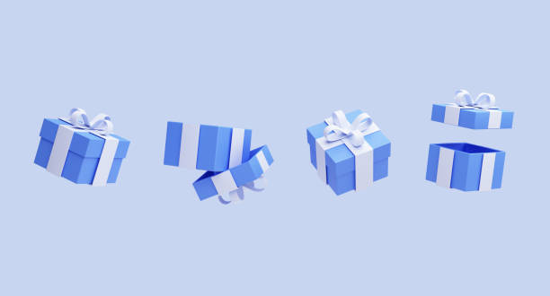 Blue gift boxes with ribbons. Set of realistic holiday presents in cartoon style. Opened and closed gift boxes. Festive surprise. Isolated icons for template banner. 3D Rendering stock photo