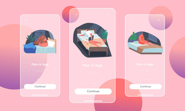 Pain in Legs Mobile App Page Onboard Screen Template. People Suffering of Spasms and Numb Limbs, Sudden Acute Aches Pain in Legs Mobile App Page Onboard Screen Template. People Suffering of Spasms and Numb Limbs, Men and Women in Beds with Sudden Acute Aches in Foot or Ankle Concept. Cartoon Vector Illustration woman feet bed stock illustrations