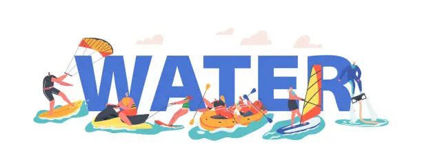 Vector illustration of Water Activities Concept. Characters Summer Sports Surfing, Sup Board, Boat Riding, Sailing. Sports Men and Women Relax