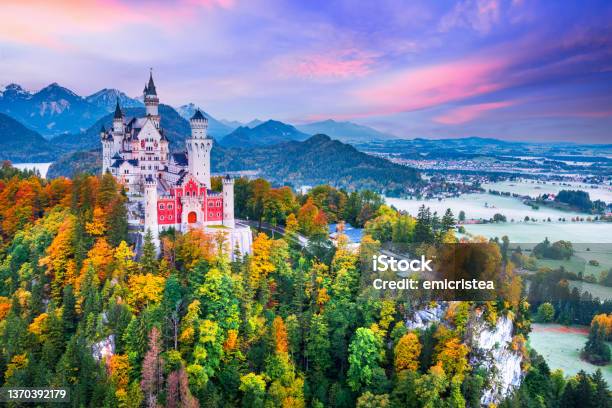 Neuschwanstein Bavaria Famous Bavarian Fairytale Autumn Landscape In Alps Germany Stock Photo - Download Image Now