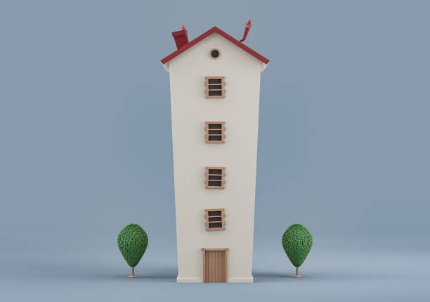 istock Stylized thin and tall building with trees, miniature house model white and red colors, Real estate property, 3d Rendering, hi-res 1370394057
