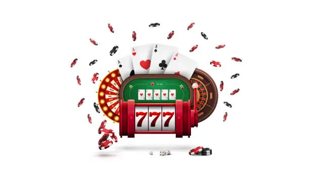 Vector illustration of Red slot machine, Casino Wheel Fortune, Roulette wheel, Poker table, poker chips and playing cards in cartoon style isolated on white background